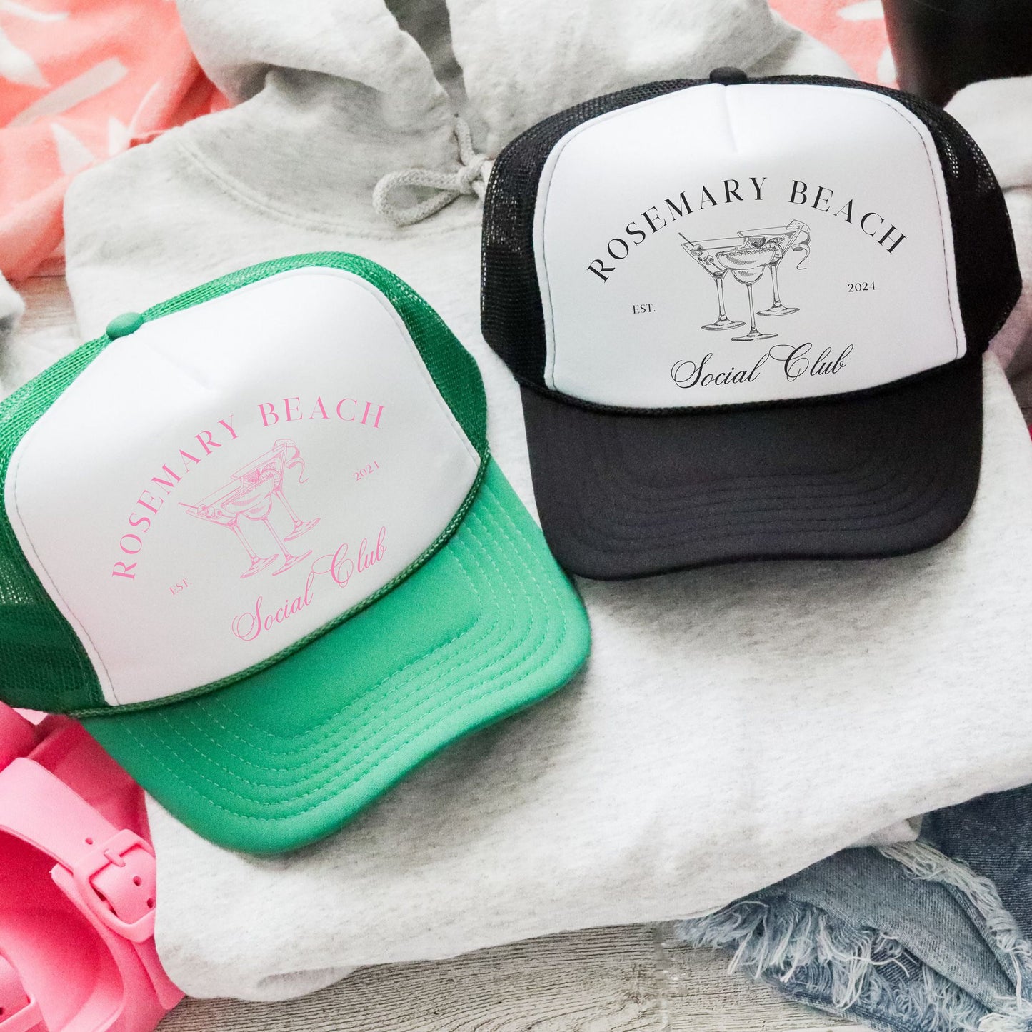 Custom Coastal Cocktail Bachelorette Hats | Custom Beach Bachelorette Trucker Hat | Social Club | Luxury Bachelorette Merch | Rosemary