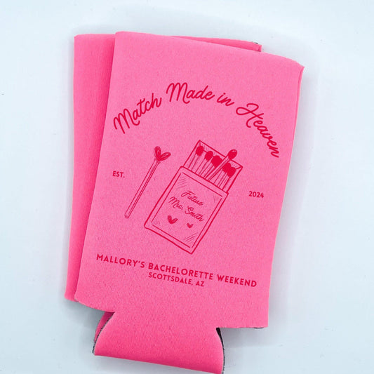Personalized Match Made in Heaven Bachelorette Can Cooler | Perfect Match Bachelorette Party Custom Can Cooler | Vegas Hen Trip Party Favors