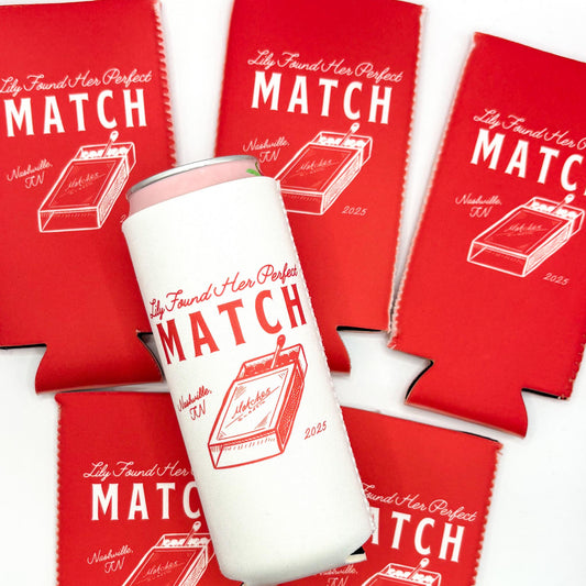 Personalized Match Made in Heaven Bachelorette Can Cooler | Perfect Match Bachelorette Party Custom Can Cooler | Vegas Hen Trip Party Favors
