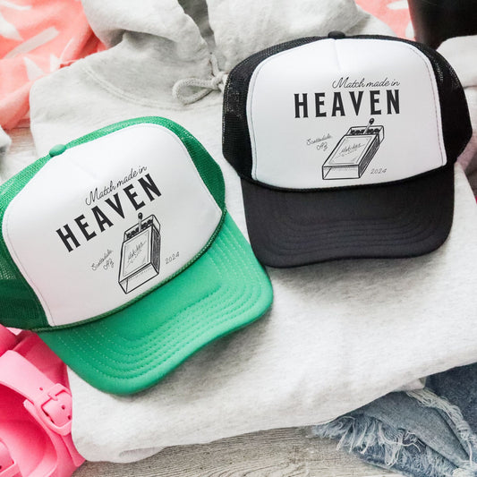 Match Made in Heaven Bachelorette Trucker Hats | Perfect Match Bachelorette Party Custom Hats | Vegas Hen Trip Party Favors