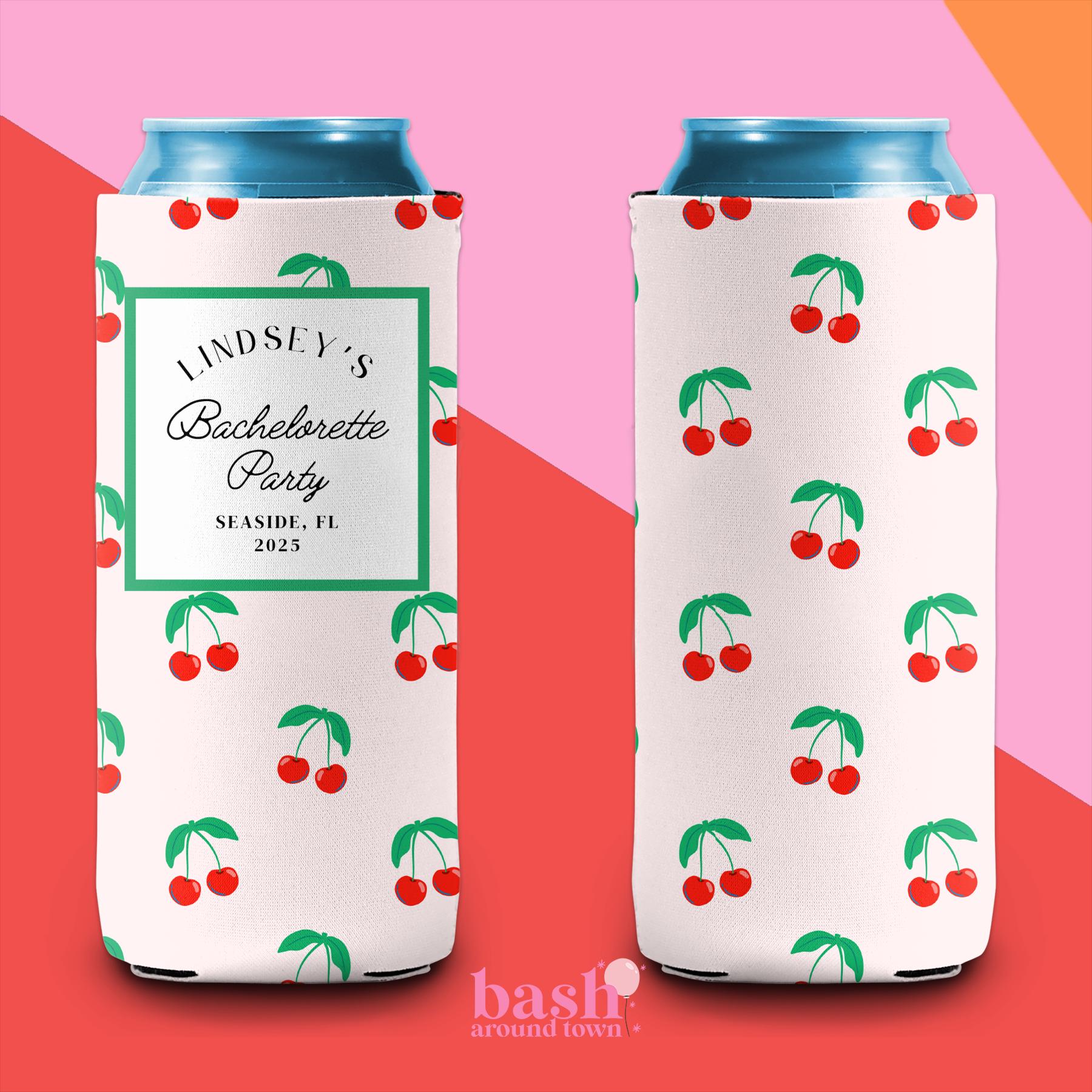 Personalized Cherry Bachelorette Can Cooler | Beach Bachelorette Party | Custom Nantucket Coastal Grandmother Preppy Last Toast Party Favor