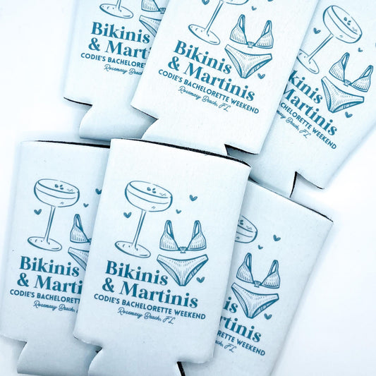 Bikinis and Martinis Beach Bachelorette | Beach Bachelorette Can Cooler | Last Splash | Last Toast | Custom Party Favors