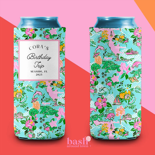 Florida Birthday Party | 30A Girls Trip | Rosemary Beach Vacation | Seaside Custom Can Cooler | Beach Bach | Bachelorette Party Favor