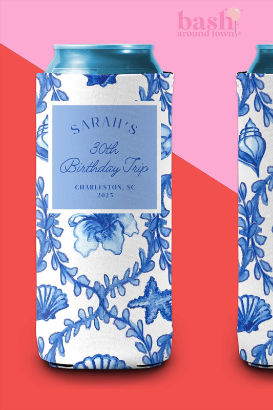 Personalized Birthday Coastal 30th Can Cooler | Custom Can Cooler | 21st Beach Girls Trip Weekend | Grandmother Preppy Custom Party Favors