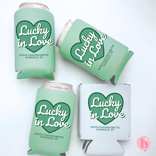 Personalized St. Patrick's Day Bachelorette Can Cooler | Custom Can Cooler | Shamrock Bachelorette Party | Lucky In Love Custom Party Favors