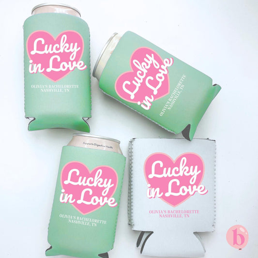 Personalized St. Patrick's Day Bachelorette Can Cooler | Custom Can Cooler | Shamrock Bachelorette Party | Lucky In Love Custom Party Favors