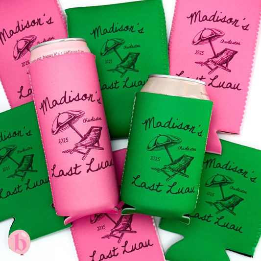 Personalized Last Luau Can Cooler | Custom Can Cooler | Beach Bachelorette Party | Tropical 30A Rosemary Beach, Hawaii | Custom Party Favors