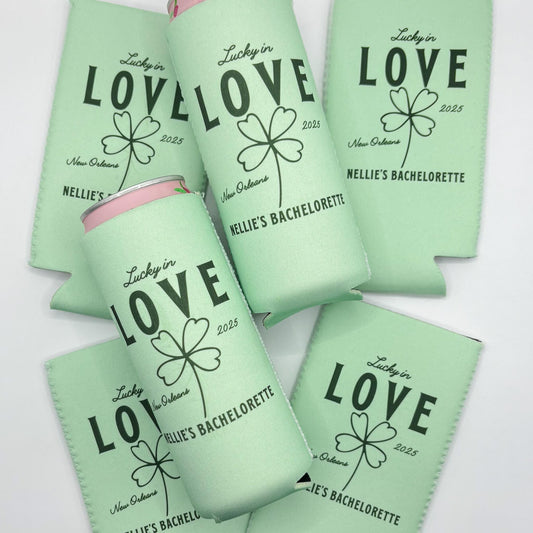 Personalized St. Patrick's Day Bachelorette Can Cooler | Custom Can Cooler | Shamrock Bachelorette Party | Lucky In Love Custom Party Favors