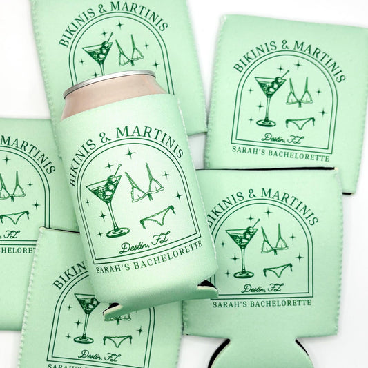 Bikinis and Martinis Beach Bachelorette | Beach Bachelorette Can Cooler | Last Splash | Last Toast | Rosemary Beach FL | Custom Party Favors