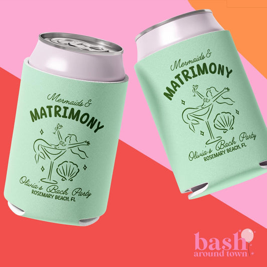 Mermaids and Matrimony Bachelorette Can Coolers, Personalized Can Sleeves, Custom Beach Coastal Bachelorette Party Favors
