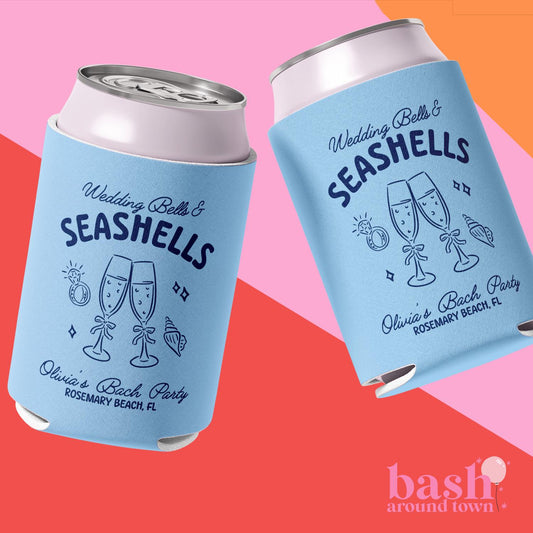 Seashells and Wedding Bells Can Coolers, Personalized Bachelorette Can Sleeves, Custom Beach Coastal Bachelorette Party Favors, Can Holder