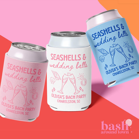 Seashells and Wedding Bells Can Coolers, Personalized Bachelorette Can Sleeves, Custom Beach Coastal Bachelorette Party Favors, Can Holder