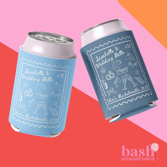 Seashells and Wedding Bells Can Coolers, Personalized Bachelorette Can Sleeves, Custom Beach Coastal Bachelorette Party Favors, Can Holder