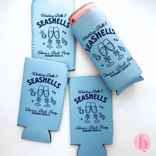 Seashells and Wedding Bells Can Coolers, Personalized Bachelorette Can Sleeves, Custom Beach Coastal Bachelorette Party Favors, Can Holder