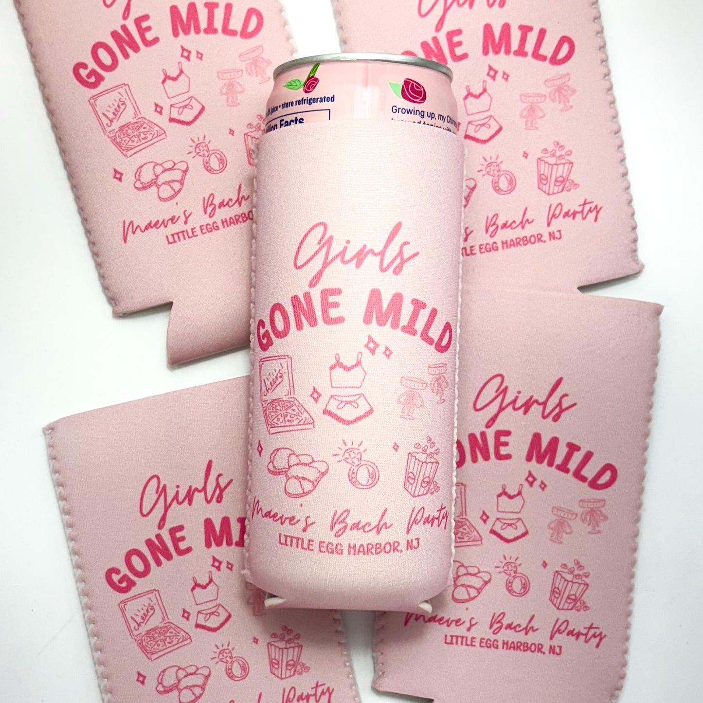 Girls Gone Mild Bachelorette Can Coolers, Spa Personalized Can Sleeves, Custom Bachelorette Party Favors, Girls Night In Can Holder