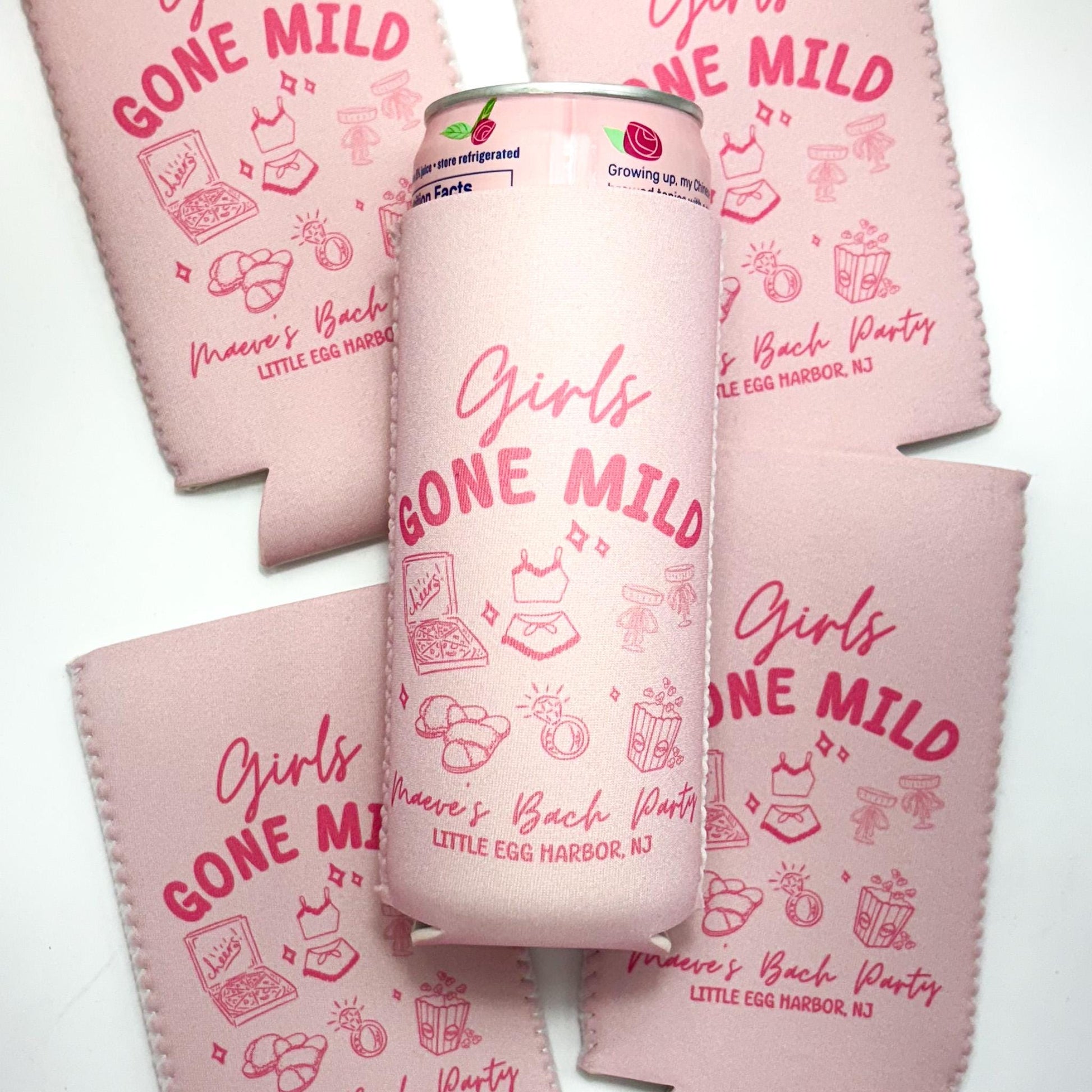 Girls Gone Mild Bachelorette Can Coolers, Spa Personalized Can Sleeves, Custom Bachelorette Party Favors, Girls Night In Can Holder