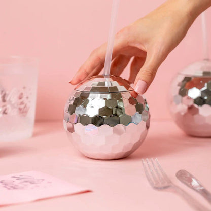 Pink Disco Ball Ball Cup with Straw