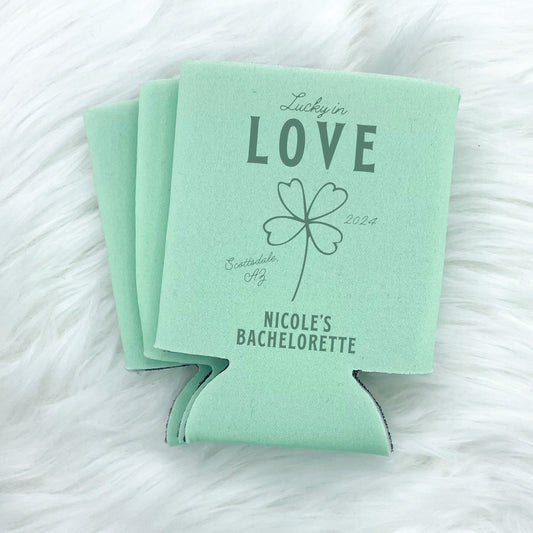 Personalized St. Patrick's Day Bachelorette Can Cooler | Custom Can Cooler | Shamrock Bachelorette Party | Lucky In Love Custom Party Favors