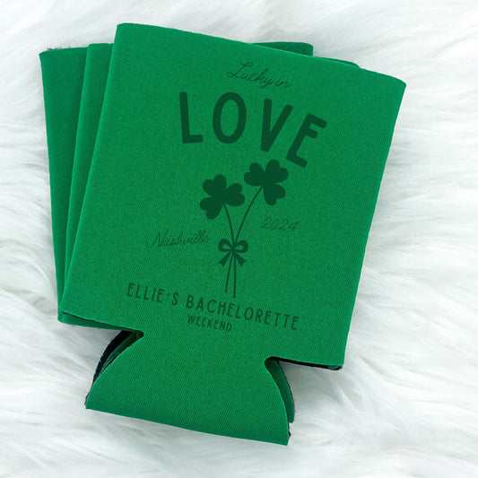 Personalized St. Patrick's Day Bachelorette Can Cooler | Custom Can Cooler | Shamrock Bachelorette Party | Lucky In Love Custom Party Favors